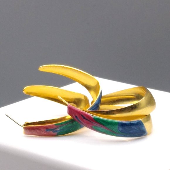 Vintage Enamel Split Hoop Earrings, Double Hoops in Gold Tone Stud with Green - Picture 2 of 4